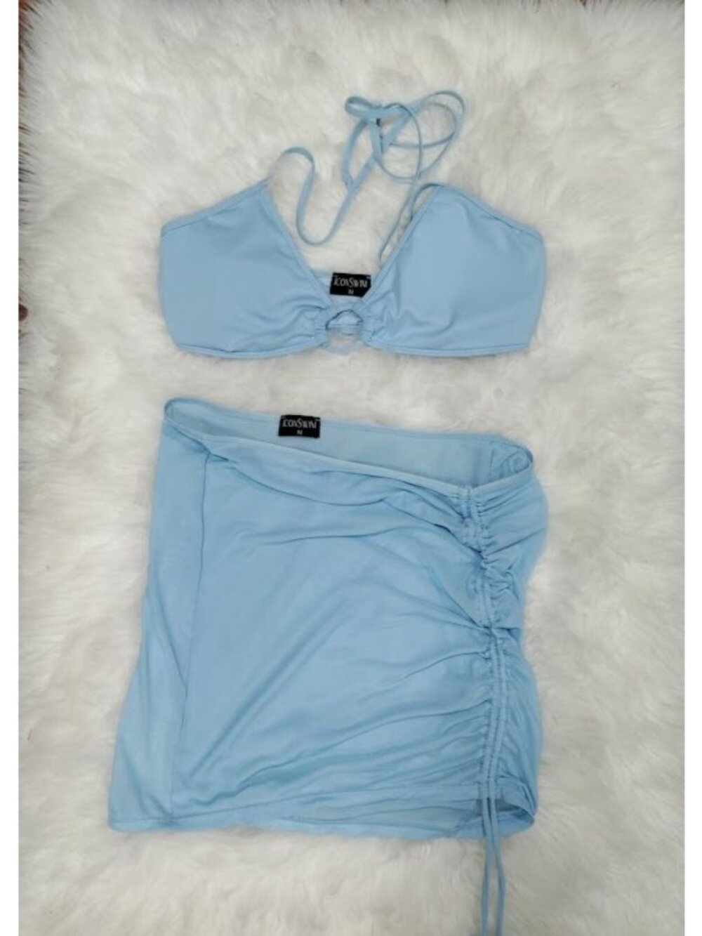 Icon Swim Light Blue Bikini Set With Ruched Cover Up Skirt & Halter Top Size S - Picture 8 of 13